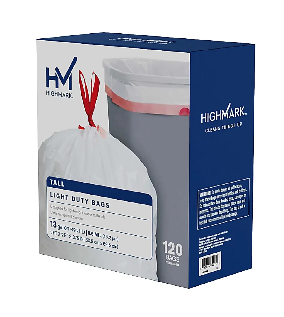 Highmark™ Tall 0.6 mil Drawstring Kitchen Trash Bags, 0.6 mil, 13 Gallon, 24" x 28", White, Box Of 120