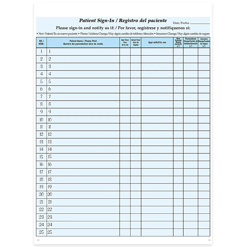 HIPAA-Compliant Bilingual Patient/Visitor Privacy Sign-In Sheets, 2-Part, 8-1/2" x 11", Blue, Pack Of 500 Sheets