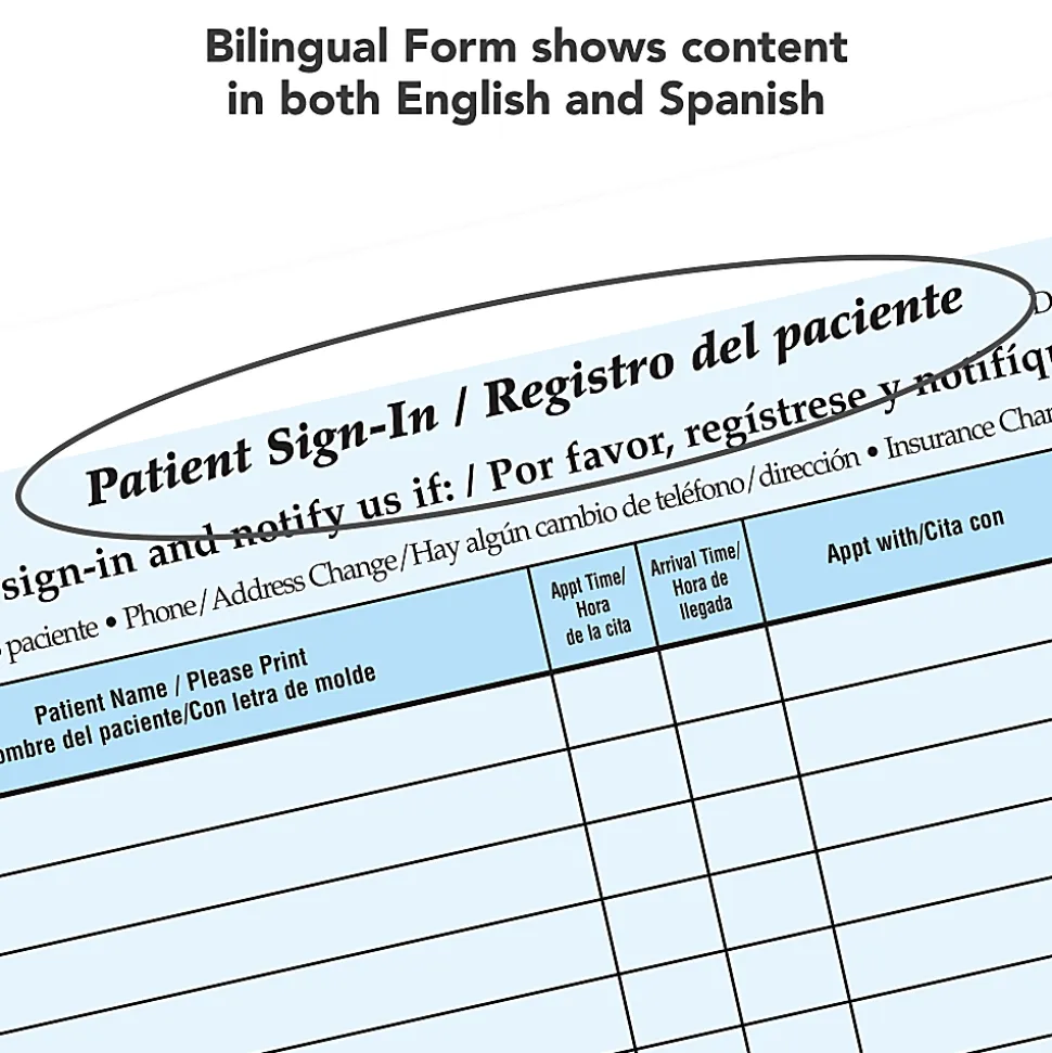 HIPAA-Compliant Bilingual Patient/Visitor Privacy Sign-In Sheets, 2-Part, 8-1/2" x 11", Blue, Pack Of 500 Sheets
