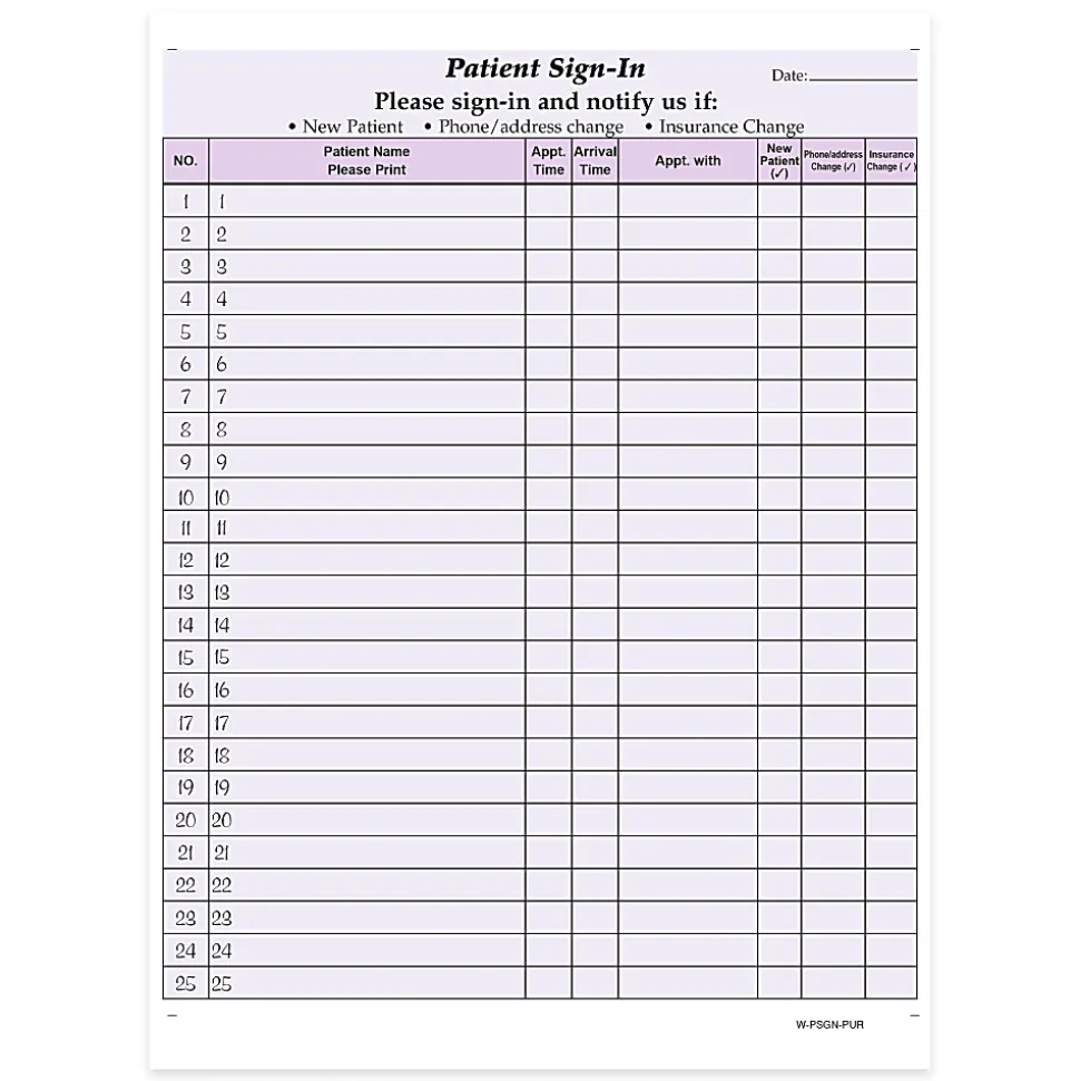 HIPAA Compliant Patient/Visitor Privacy 2-Part Sign-In Sheets, 8-1/2" x 11", Purple, Pack Of 250 Sheets