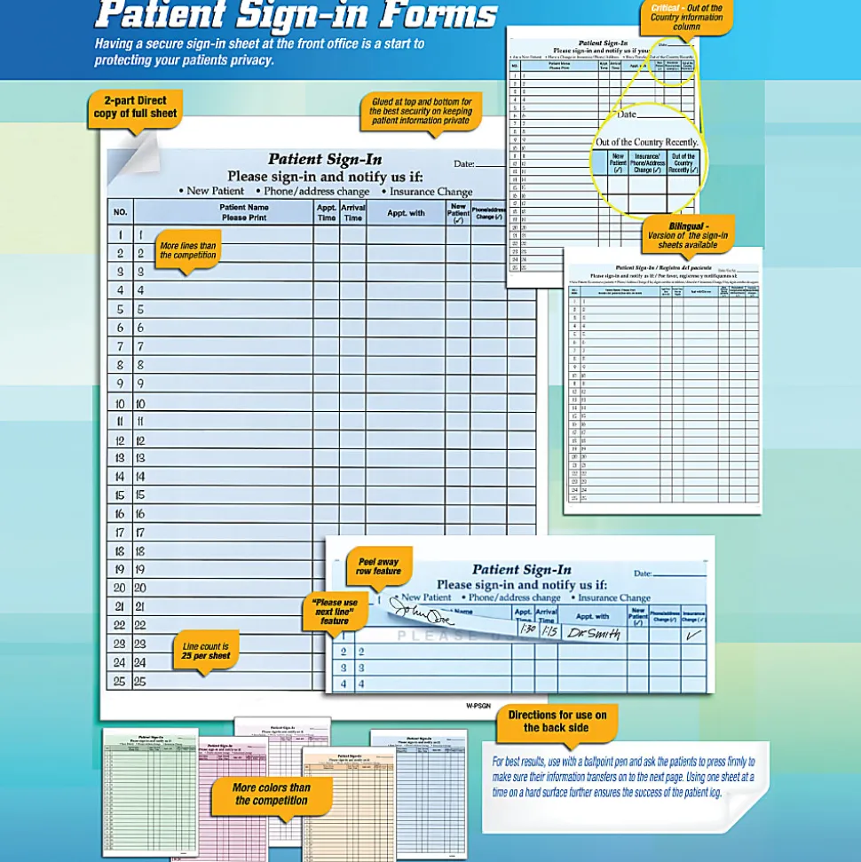 HIPAA Compliant Patient/Visitor Privacy 2-Part Sign-In Sheets, 8-1/2" x 11", Purple, Pack Of 250 Sheets