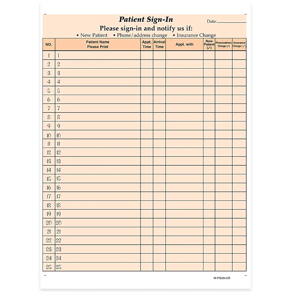 HIPAA Compliant Patient/Visitor Privacy 2-Part Sign-In Sheets, 8-1/2" x 11", Orange, Pack Of 1,000 Sheets