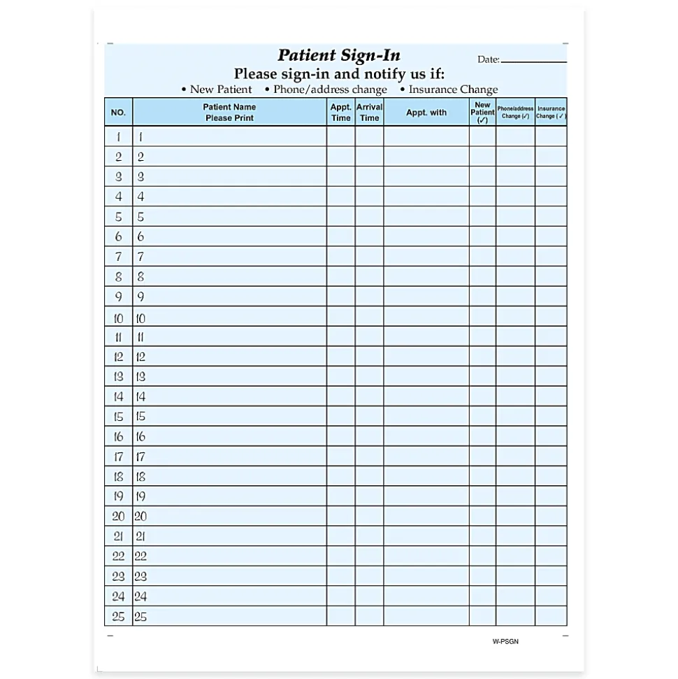 HIPAA Compliant Patient/Visitor Privacy 2-Part Sign-In Sheets, 8-1/2" x 11", Blue, Pack Of 125 Sheets