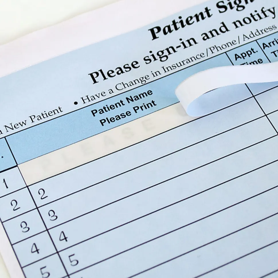 HIPAA Compliant Patient/Visitor Privacy 2-Part Sign-In Sheets With Out of Country Box, 8-1/2" x 11", Blue, Pack Of 125 Sheets