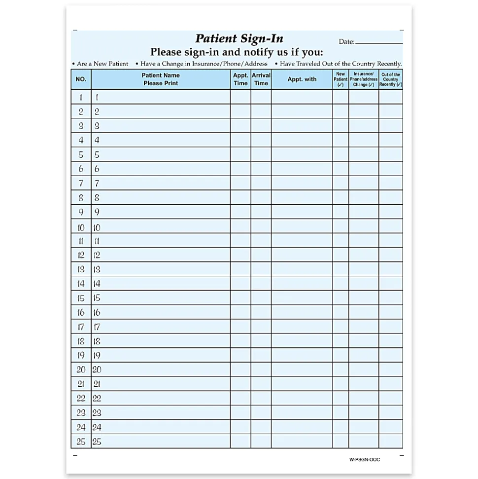 HIPAA Compliant Patient/Visitor Privacy 2-Part Sign-In Sheets With Out of Country Box, 8-1/2" x 11", Blue, Pack Of 125 Sheets