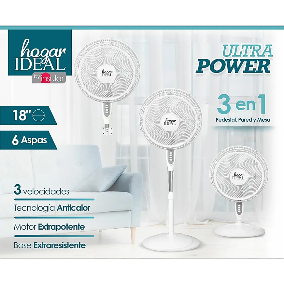 Hogar Ideal 3-in-1 Ultra Power 18” Blade Fan, 51” x 15”, White