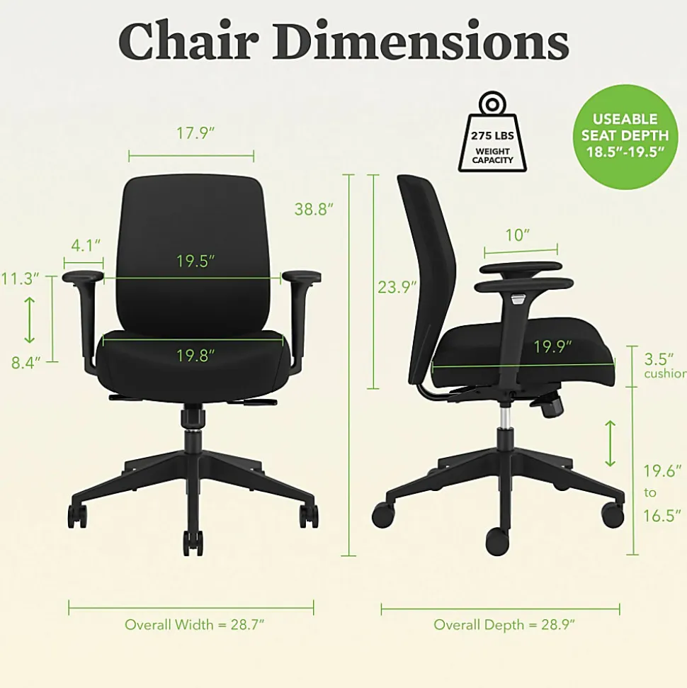 HON Altern Task Chair - Fabric, Foam Seat Material - Fabric Back Material - Black Frame Color - Mid Back - Black - Armrest - 1 Each