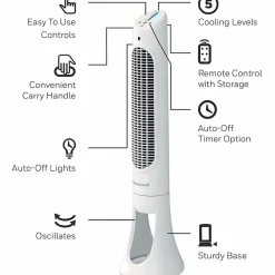 Honeywell QuietSet 5 Tower Fan - 5 Speed - Oscillating, Remote, Timer-off Function, Quiet, Sturdy, Electronic Control Panel, Touch Operation