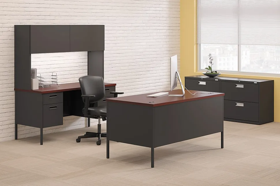 HON® Metro 60"W Classic Double-Pedestal Computer Desk, Mahogany/Charcoal