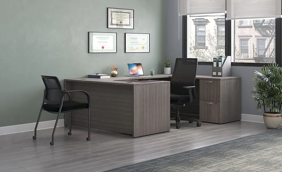 HON® Mod 66"W U-Station Computer Desk With Double-Pedestal, Slate Teak