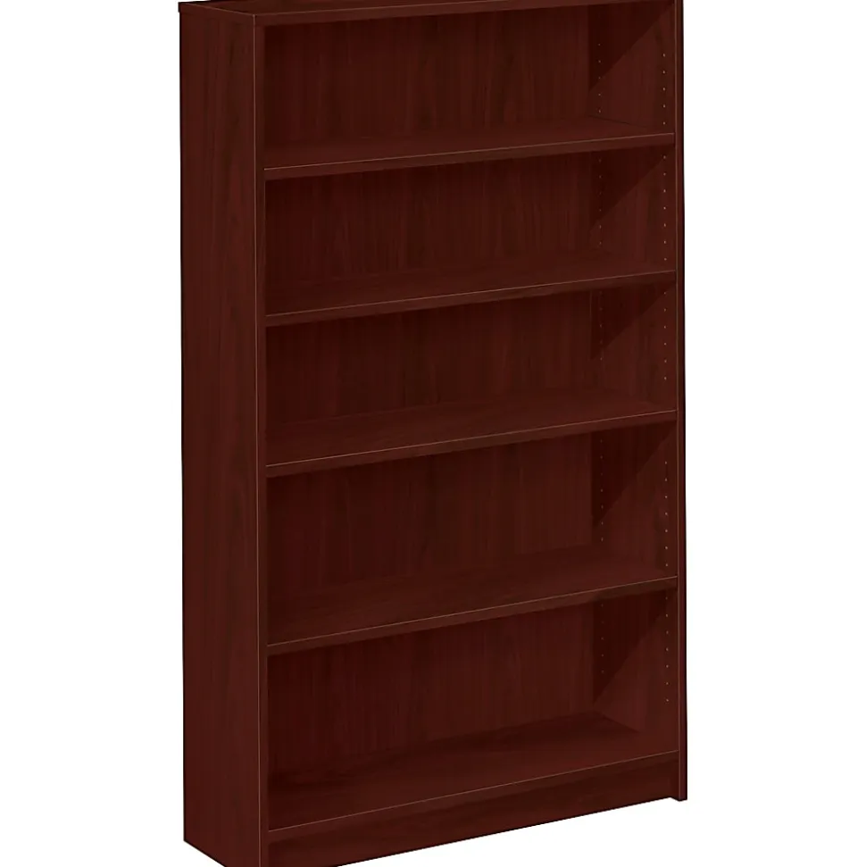 HON® 1870-Series Laminate Modular Shelving Bookcase, 5 Shelves (3 Adjustable), 60"H x 36"W x 11-1/2"D, Mahogany