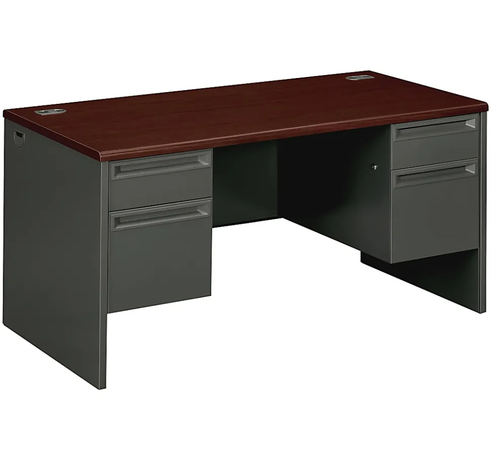 HON® 38000 60"W Double-Pedestal Computer Desk, Mahogany/Charcoal
