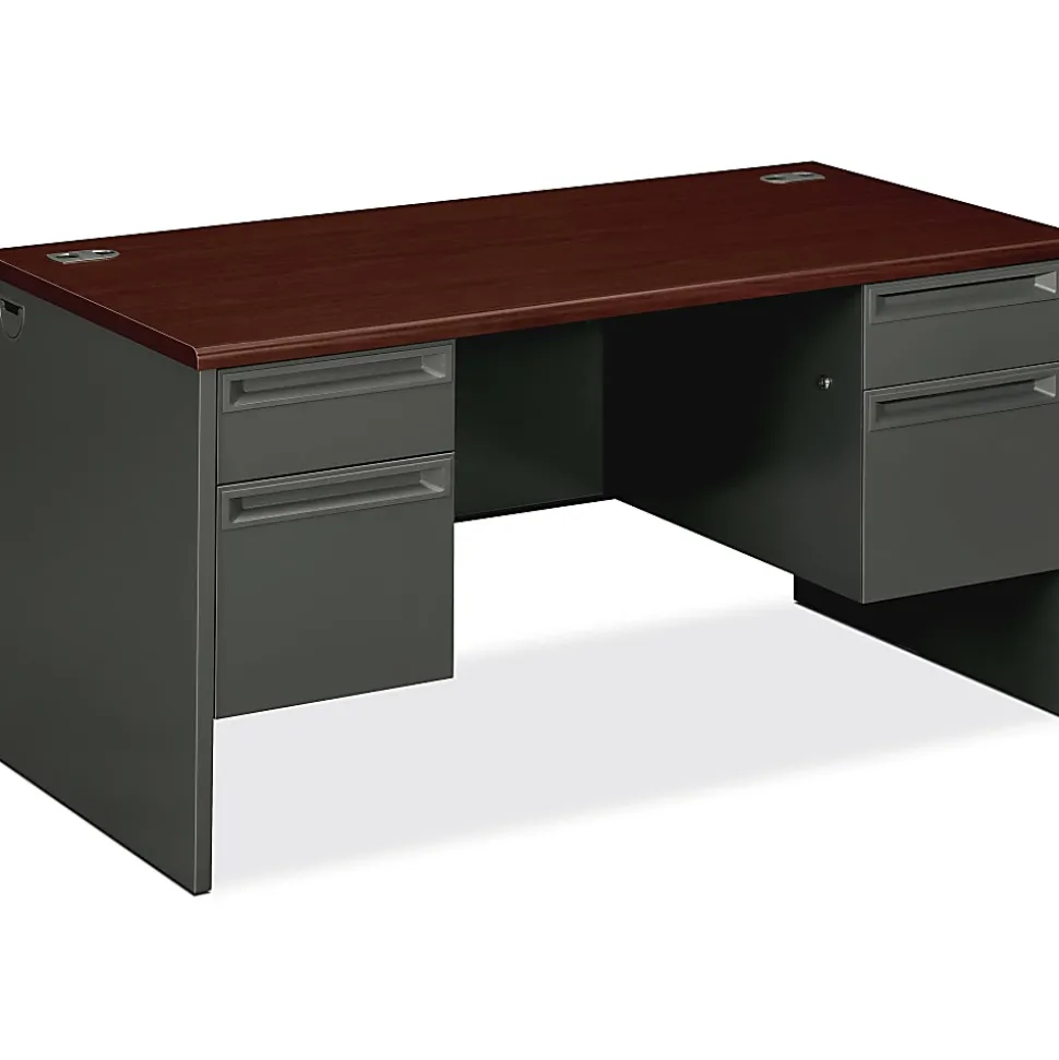 HON® 38000 60"W Double-Pedestal Computer Desk, Mahogany/Charcoal