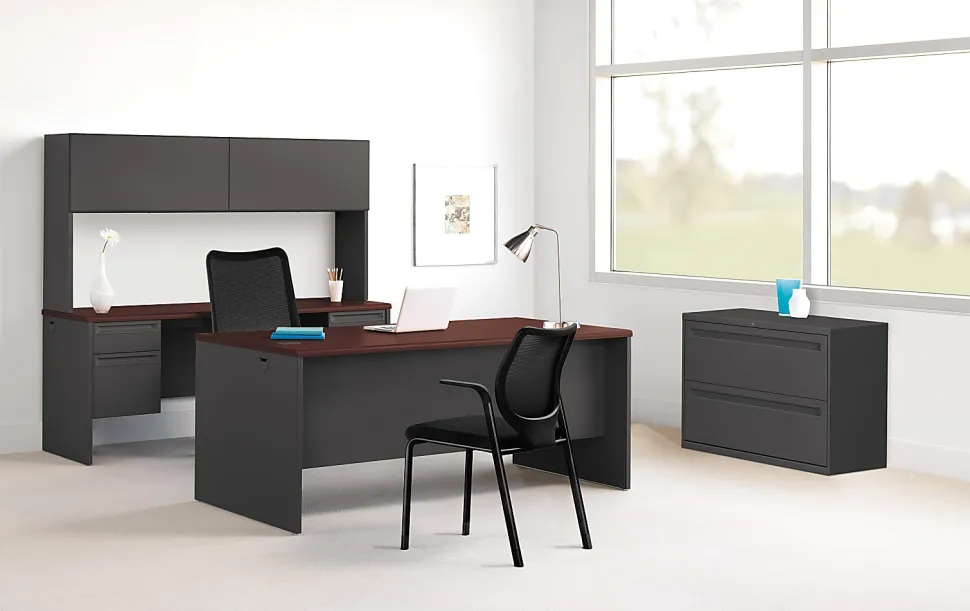 HON® 38000 72"W Double-Pedestal Computer Desk, 72"W, Mahogany/Charcoal