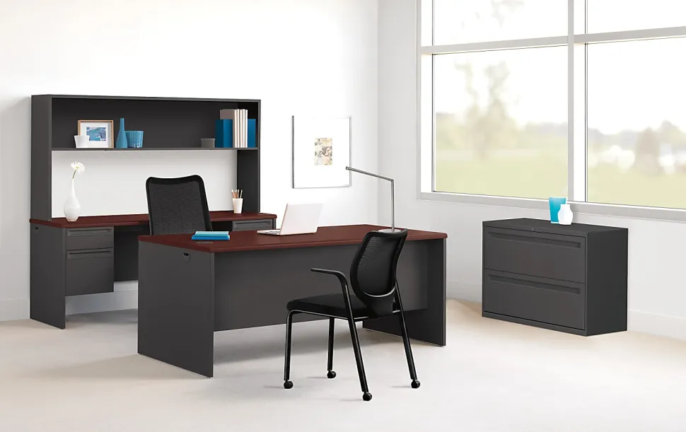 HON® 38000 72"W Double-Pedestal Computer Desk, 72"W, Mahogany/Charcoal
