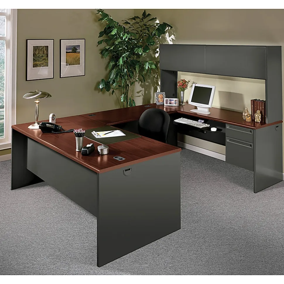 HON® 38000 72"W Left-Pedestal Computer Desk, Mahogany/Charcoal