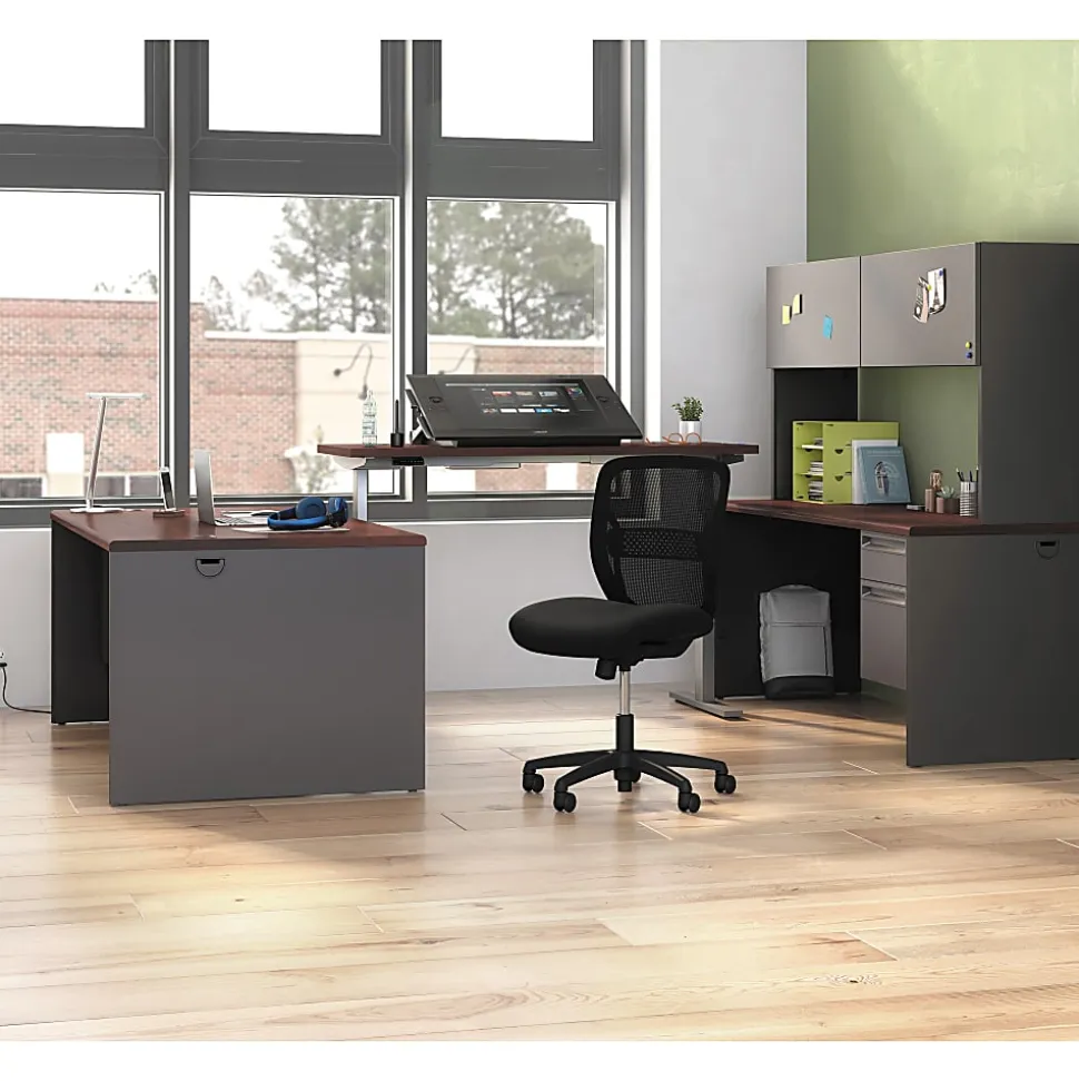 HON® 38000 72"W Left-Pedestal Computer Desk, Mahogany/Charcoal