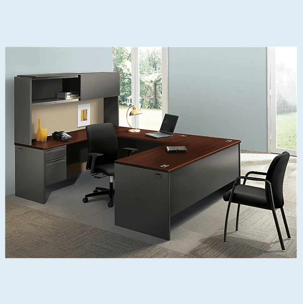 HON® 38000 72"W Left-Pedestal Computer Desk Credenza With Lock, Mahogany/Charcoal