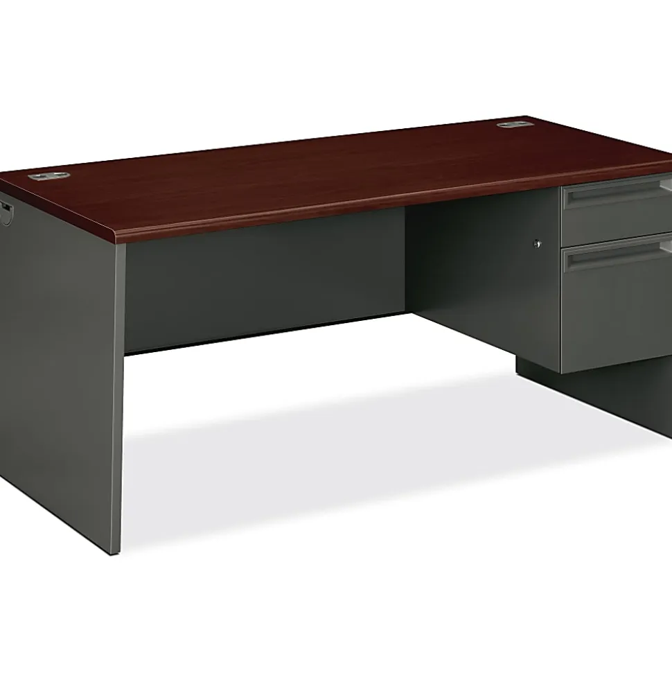 HON® 38000 66"W Right-Pedestal Computer Desk With Lock, Mahogany/Charcoal