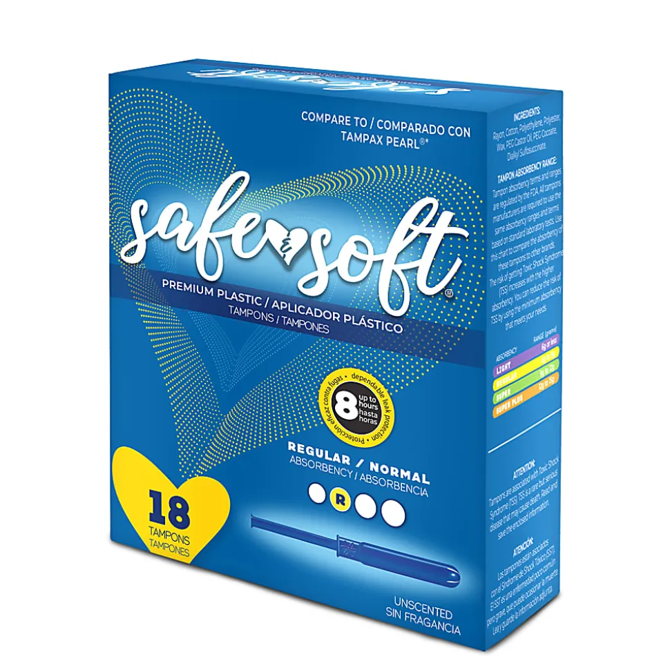 Hospeco Safe & Soft Plastic Applicator Tampons, Regular Absorbency,18 Tampons Per Box, Case Of 12 Boxes