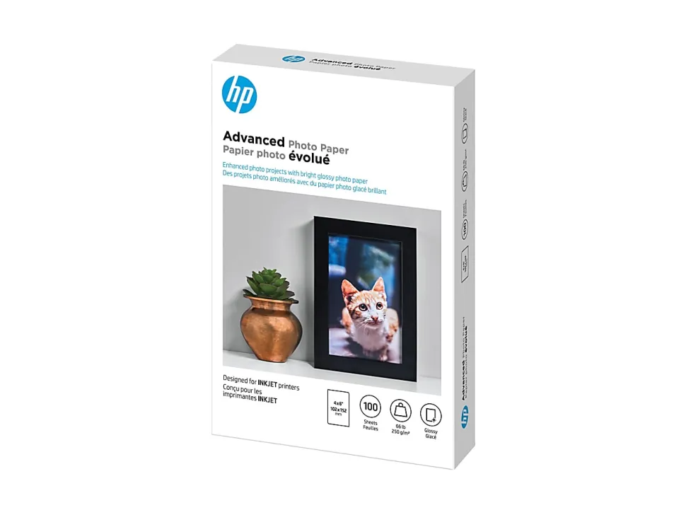 HP Advanced Photo Paper for Inkjet Printers, Glossy, 4" x 6", 66 Lb, Pack Of 100 Sheets (Q6638A)