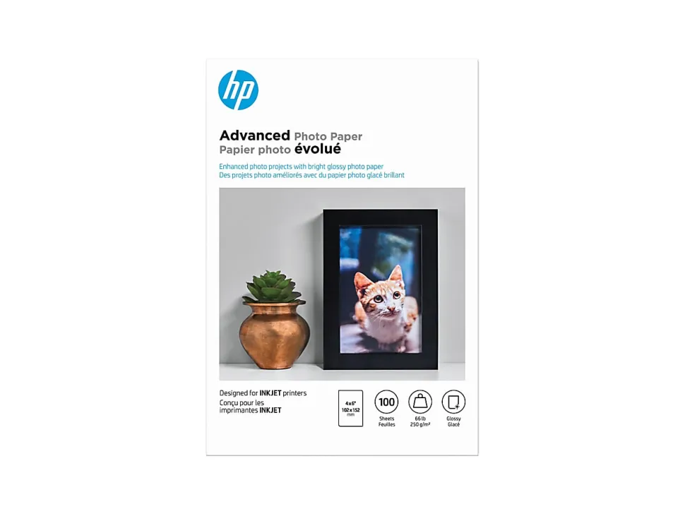 HP Advanced Photo Paper for Inkjet Printers, Glossy, 4" x 6", 66 Lb, Pack Of 100 Sheets (Q6638A)