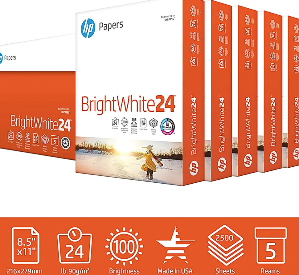 HP BrightWhite24 Inkjet Paper, 1 Ream, White, Letter Size (8 1/2" x 11"), Ream Of 500 Sheets, 24 Lb, 100 Brightness
