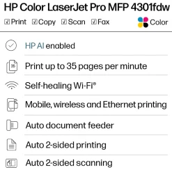 HP Color LaserJet Pro MFP 4301fdw Wireless Printer, Print, scan, copy, fax, Fast speeds, Easy setup, Mobile printing, Best for office, AI-enabled