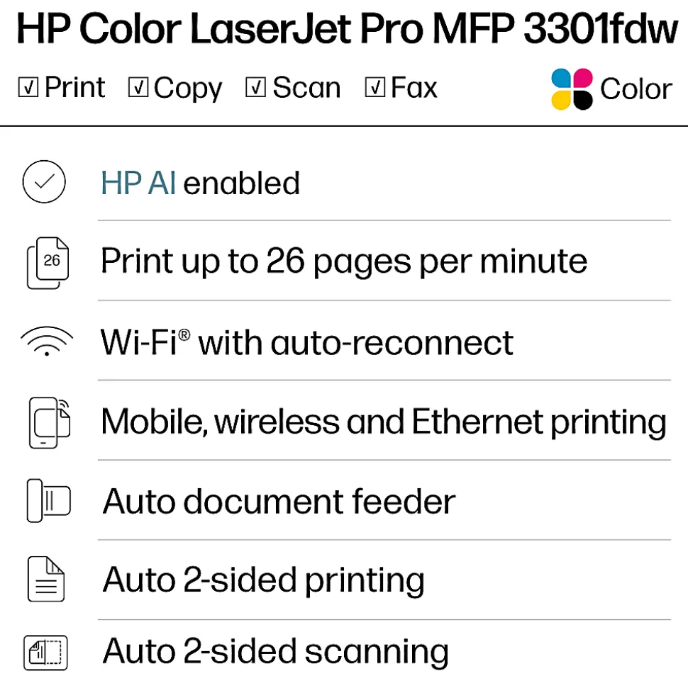 HP Color LaserJet Pro MFP 3301fdw Wireless Printer, Print, scan, copy, fax, Fast speeds, Easy setup, Mobile printing, Best for office, AI-enabled