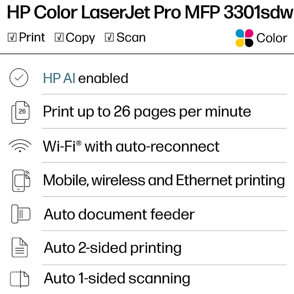 HP Color LaserJet Pro MFP 3301sdw Wireless Printer, Print, scan, copy, Fast speeds, Easy setup, Mobile printing, Best for office, AI-enabled