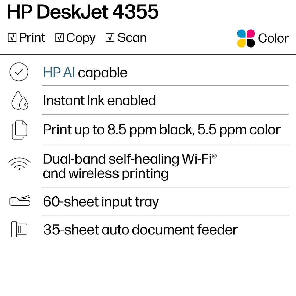 HP DeskJet 4355 Wireless All-in-One Color Inkjet Printer, Scanner, Copier, Best for home, 3 months of free Instant Ink, AI-capable (AJ4Y0A)
