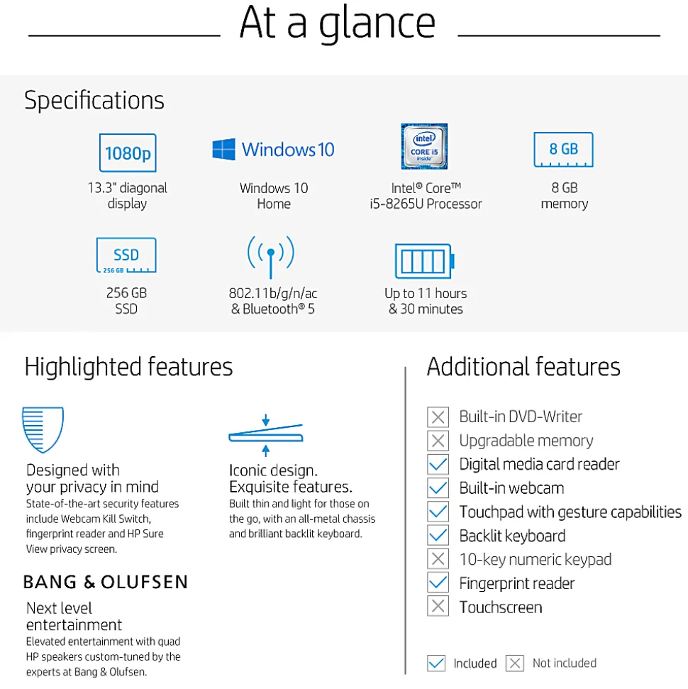 HP ENVY 13-aq0050od Laptop, 13.3" Full HD Screen, Intel® Core™ i5-8265U, 8GB Memory, 256GB Solid State Drive, Windows® 10 Home 64