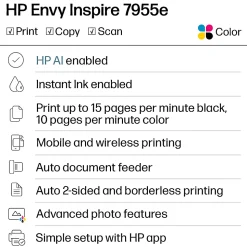 HP Envy Inspire 7955e Wireless Color Inkjet Printer, prints, scans, copies, duplex, great for home, 3-mo free Instant Ink, AI-enabled (1W2Y8A)