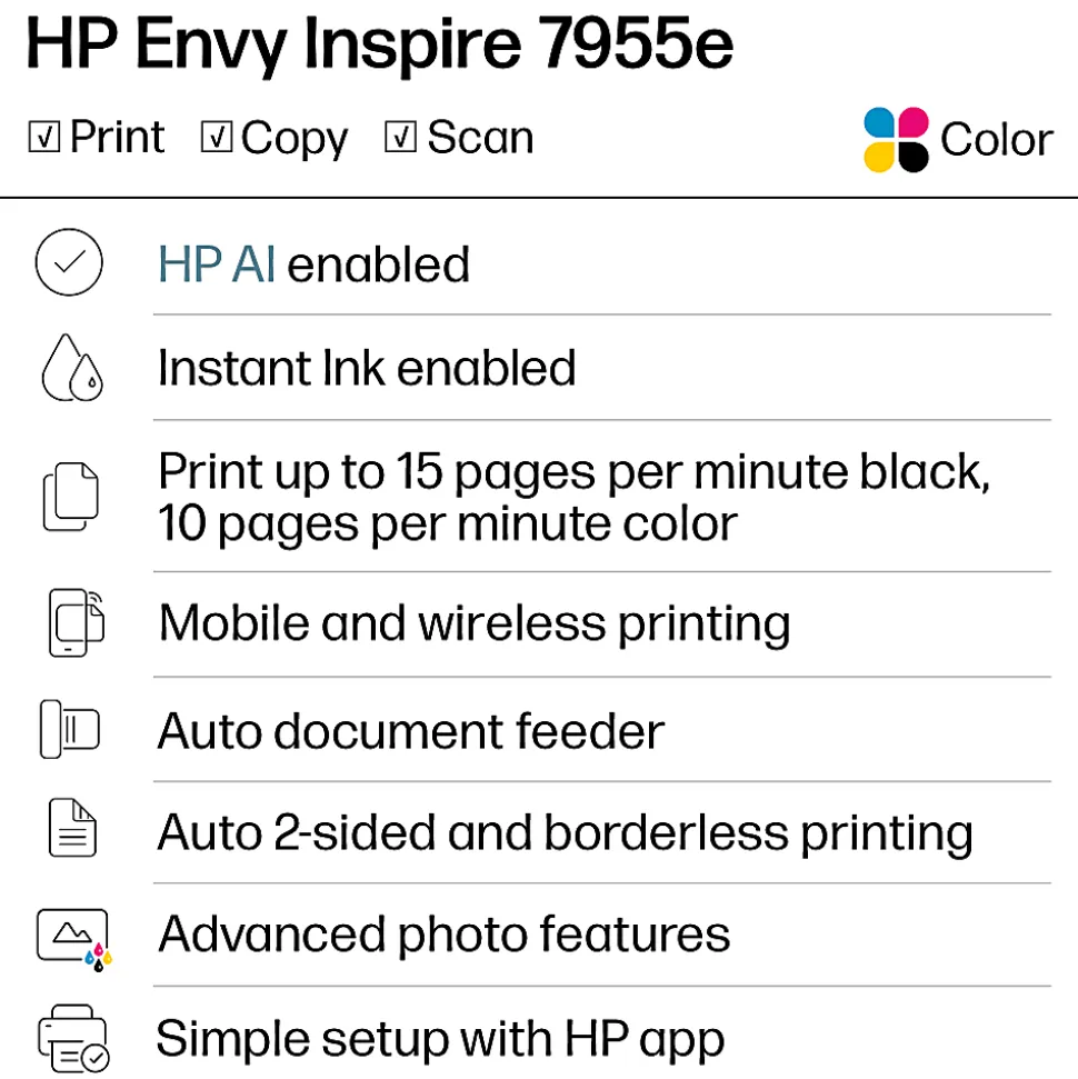 HP Envy Inspire 7955e Wireless Color Inkjet Printer, prints, scans, copies, duplex, great for home, 3-mo free Instant Ink, AI-enabled (1W2Y8A)