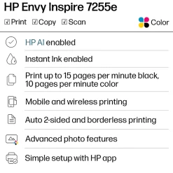 HP Envy Inspire 7255e Wireless Color Inkjet Printer, prints, scans, copies, duplex, great for home, 3-mo free Instant Ink, AI-enabled (1W2Y9A)