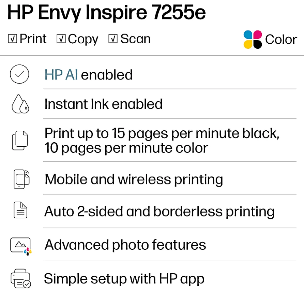 HP Envy Inspire 7255e Wireless Color Inkjet Printer, prints, scans, copies, duplex, great for home, 3-mo free Instant Ink, AI-enabled (1W2Y9A)