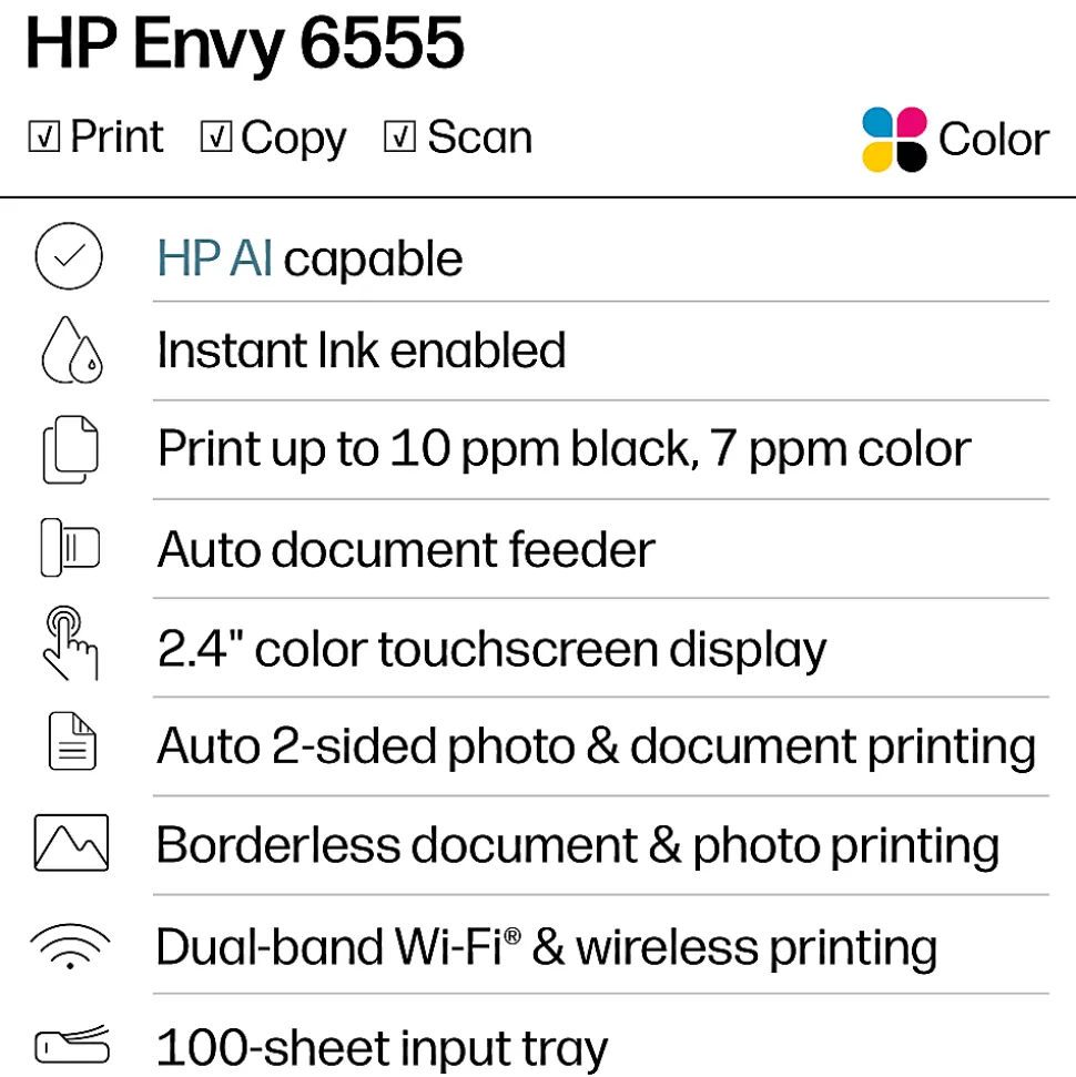 HP Envy 6555 Wireless All-in-One Color Inkjet Printer, Print/Scan/Copy, Duplex Printing, 3 Months of free Instant Ink