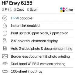 HP Envy 6155 Wireless All-in-One Color Inkjet Printer, Print/Scan/Copy, Duplex Printing, 3 Months of free Instant Ink