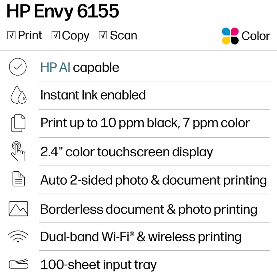 HP Envy 6155 Wireless All-in-One Color Inkjet Printer, Print/Scan/Copy, Duplex Printing, 3 Months of free Instant Ink