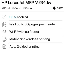 HP LaserJet MFP M234dw Wireless Printer, Print, scan, copy, Fast speeds, Easy setup, Mobile printing, Best for home office/small business, AI-enabled