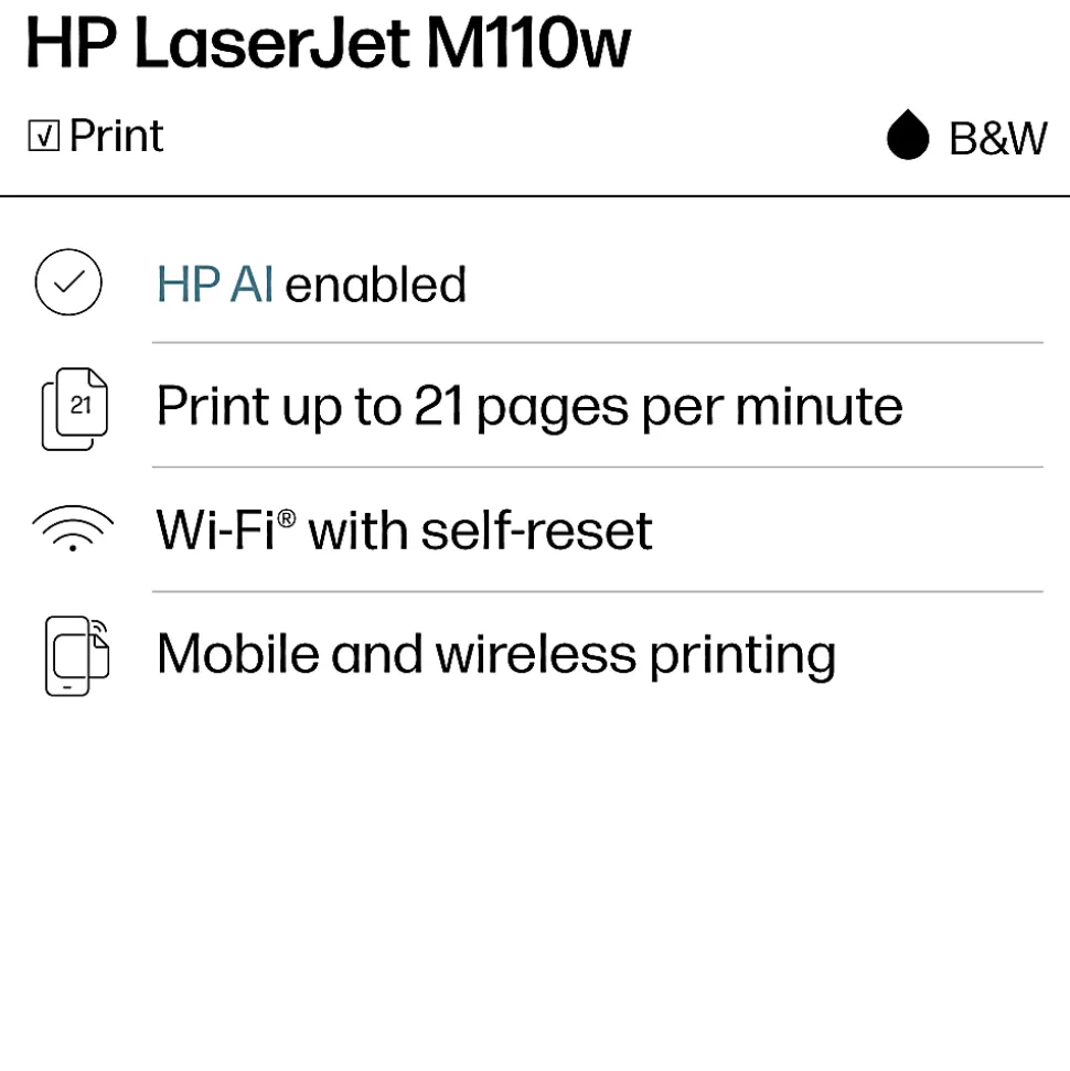 HP LaserJet M110w Wireless Printer, Print, Fast speeds, Easy setup, Mobile printing, Best for home office and small business, AI-enabled