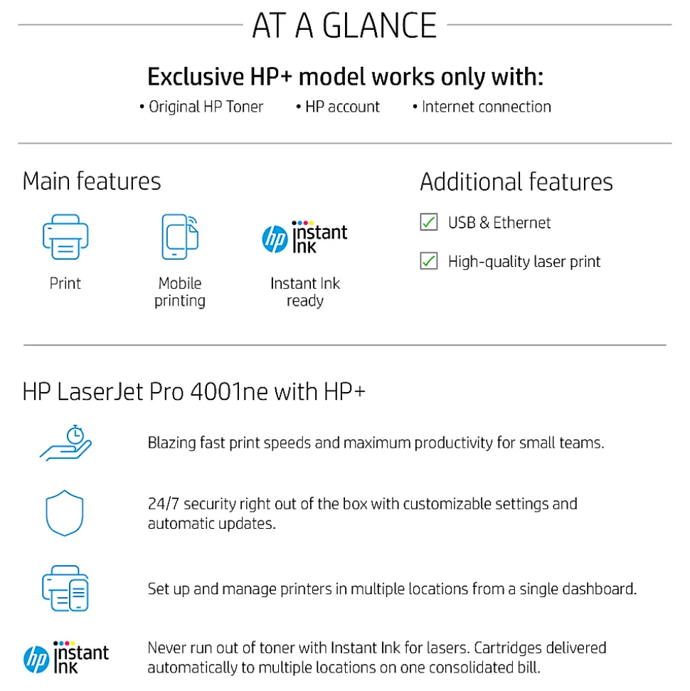 HP LaserJet Pro 4001ne Wireless Laser Monochrome Printer with HP+ Smart Office Features (2Z599E)