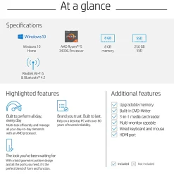 HP M01-F0016 Desktop PC, AMD Ryzen™ 5, 8GB Memory, 256GB Solid State Drive, Windows® 10, 6YQ85AA#ABA