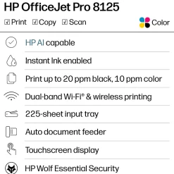 HP OfficeJet Pro 8125 Wireless All-in-One Color Inkjet Printer, Print, Scan, Copy, ADF, Duplex Printing, 3 months of Free Instant Ink, AI-Capable
