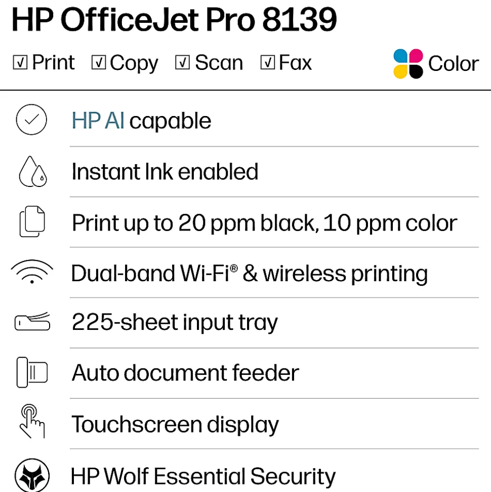 HP OfficeJet Pro 8139 Wireless All-in-One Color Inkjet Printer, print, scan, copy, fax, ADF, Duplex printing, 1 year of free Instant Ink, AI-Capable