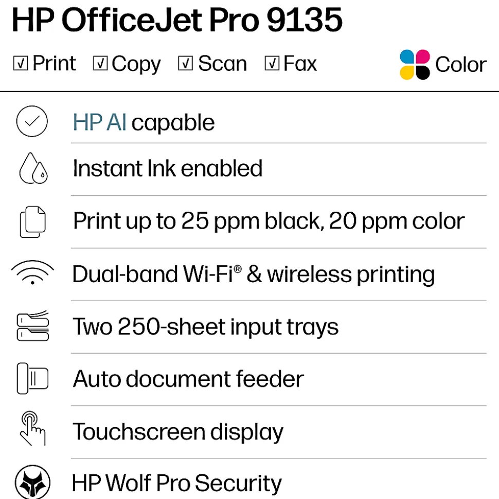 HP OfficeJet Pro 9135 Wireless All-in-One Color Inkjet Printer, print, scan, copy, fax, ADF, Duplex print/scan, 3 months free Instant Ink, AI-capable