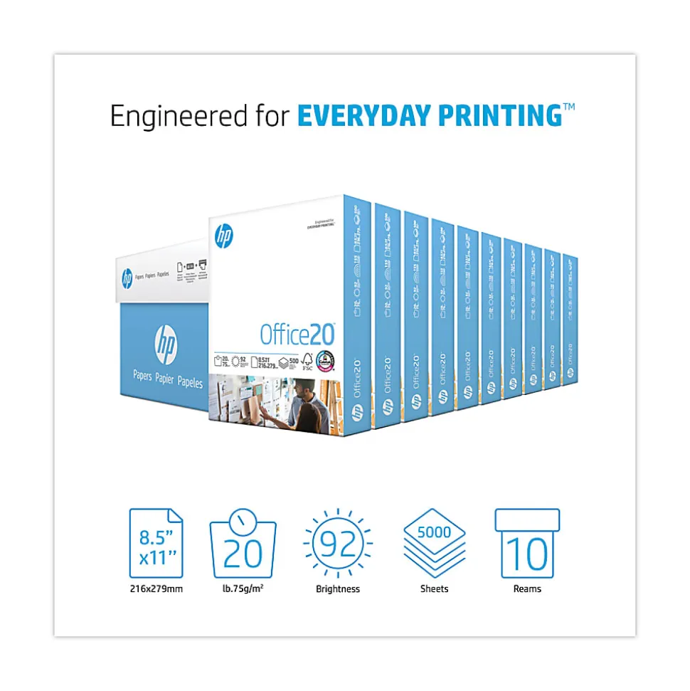 HP Papers Office20™, 92 Bright, 20 lb Bond Weight, 8.5 x 11, White, 500 Sheets/Ream, 10 Reams/Carton