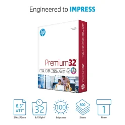 HP Premium32 Laser Paper, 1 Ream, Smooth, White, Letter Size (8 1/2" x 11"), Ream Of 500 Sheets, 32 Lb, 100 Brightness
