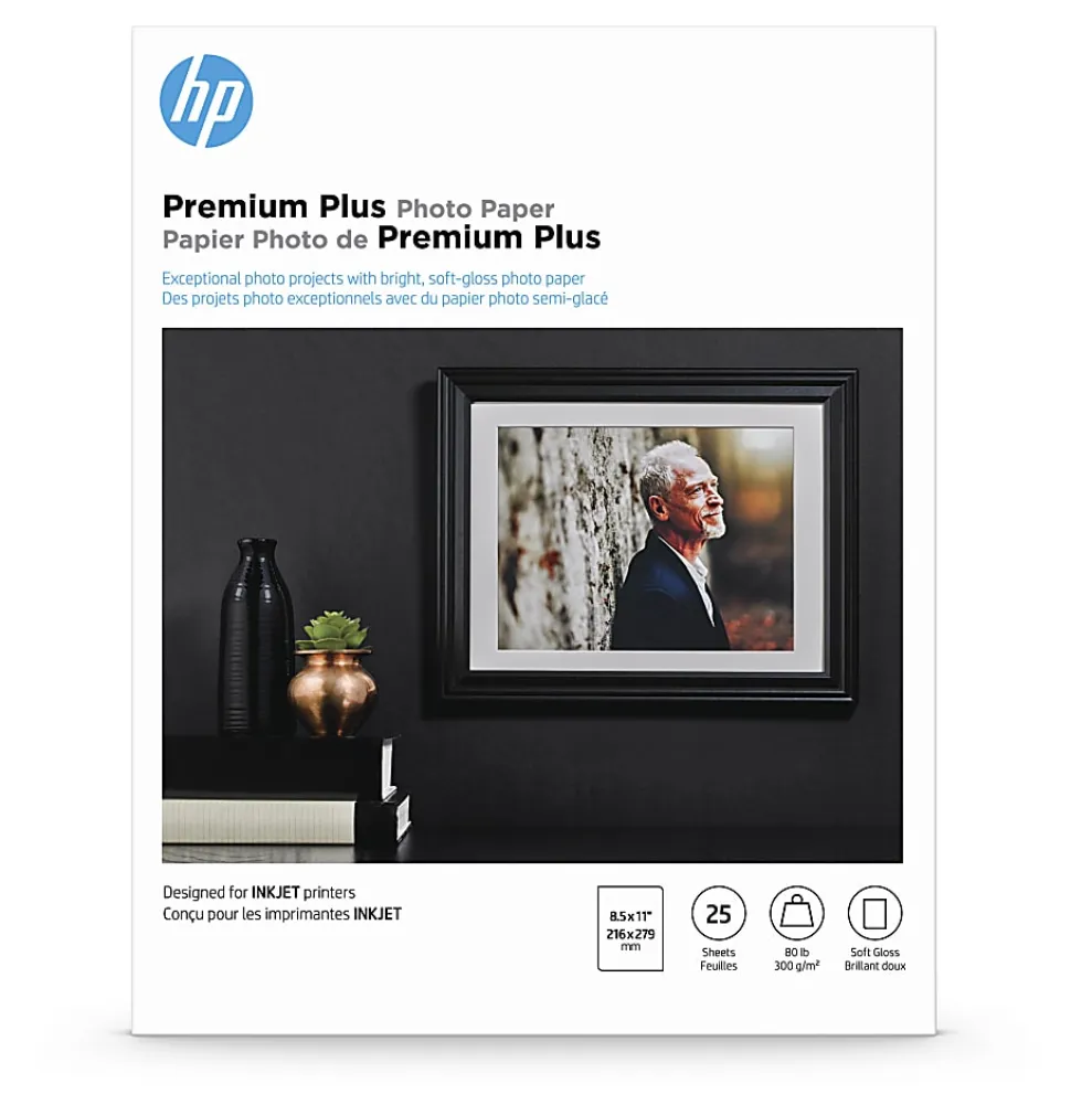 HP Premium Plus Photo Paper for Inkjet Printers, Soft Gloss, Letter Size (8 1/2" x 11"), 80 Lb., Pack Of 25 Sheets (CR671A)