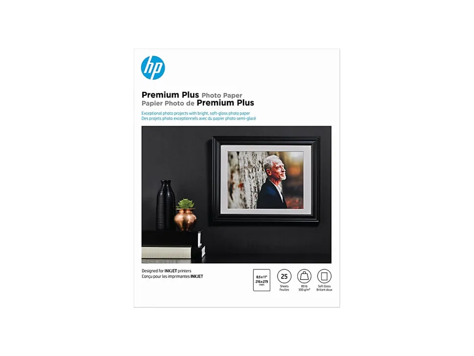 HP Premium Plus Photo Paper for Inkjet Printers, Soft Gloss, Letter Size (8 1/2" x 11"), 80 Lb., Pack Of 25 Sheets (CR671A)